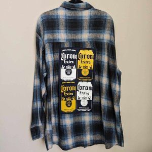 Corono Extra Beer Can Custom Flannel Button Down Shirt Blue Sz 2XLT